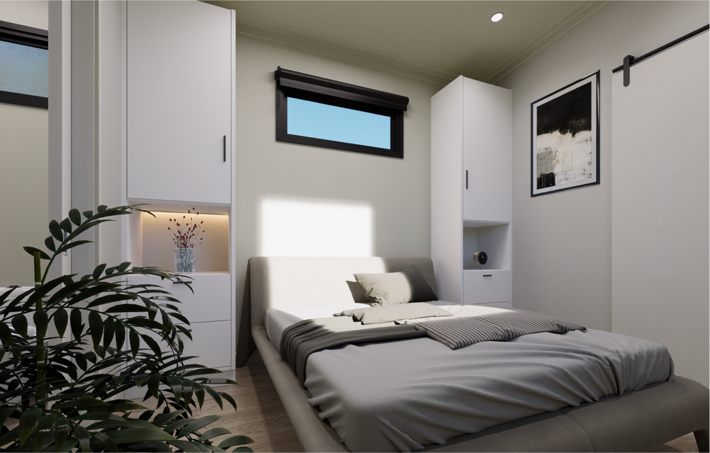 Bedroom with built in storage and a bed in a Podlife home.